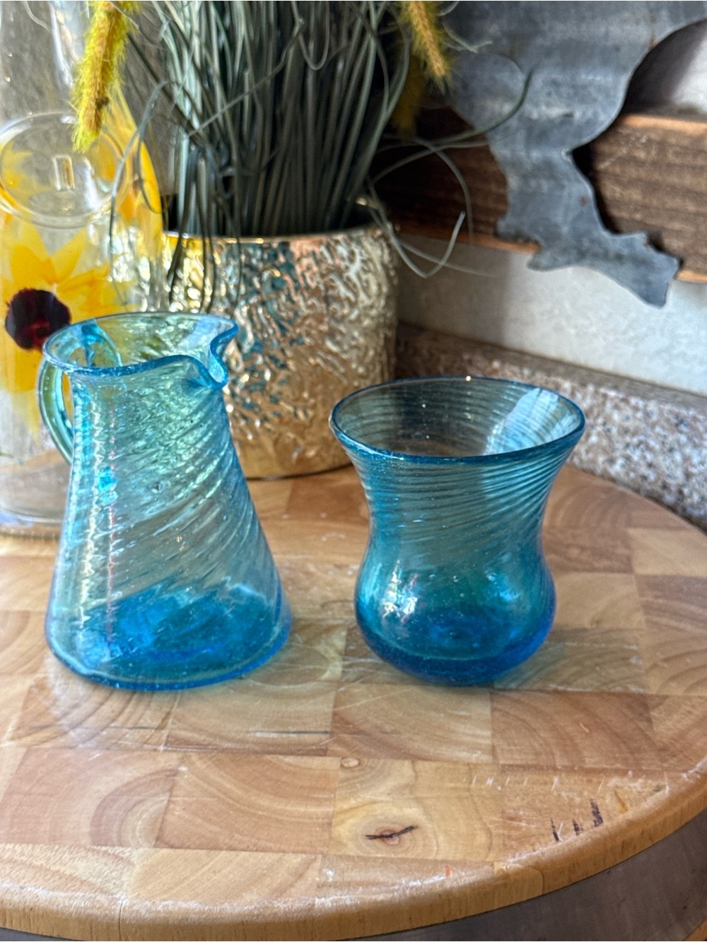 Hand Blown Aqua Blue Swirl Art Glass Creamer & Sugar Bowl Set